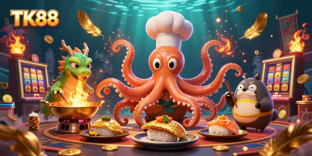 Experience vibrant TK88 casino action with a dynamic octopus chef and dragon in a lively gaming scene.