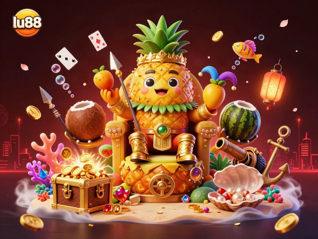 Experience the excitement of lu88 with the golden pineapple king and his quirky entourage in a vibrant casino setting.