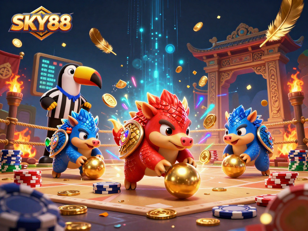 SKY88 features rival pangolins bowling through poker chips in a vibrant casino illustration.