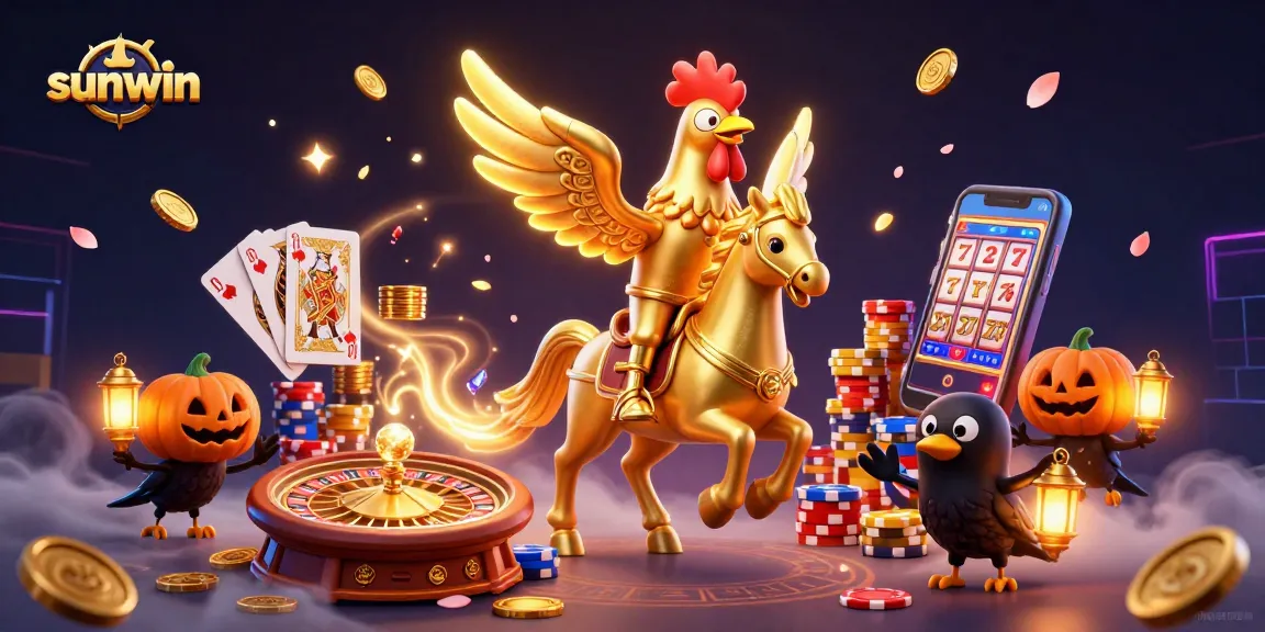 Experience the thrill of sunwin gambling with golden rooster and casino elements in a vibrant 3D scene.