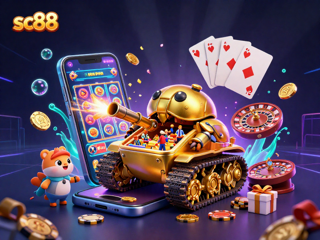 Experience the excitement of sc88 with a colorful casino-themed illustration featuring a golden beetle tank and dynamic slot games.