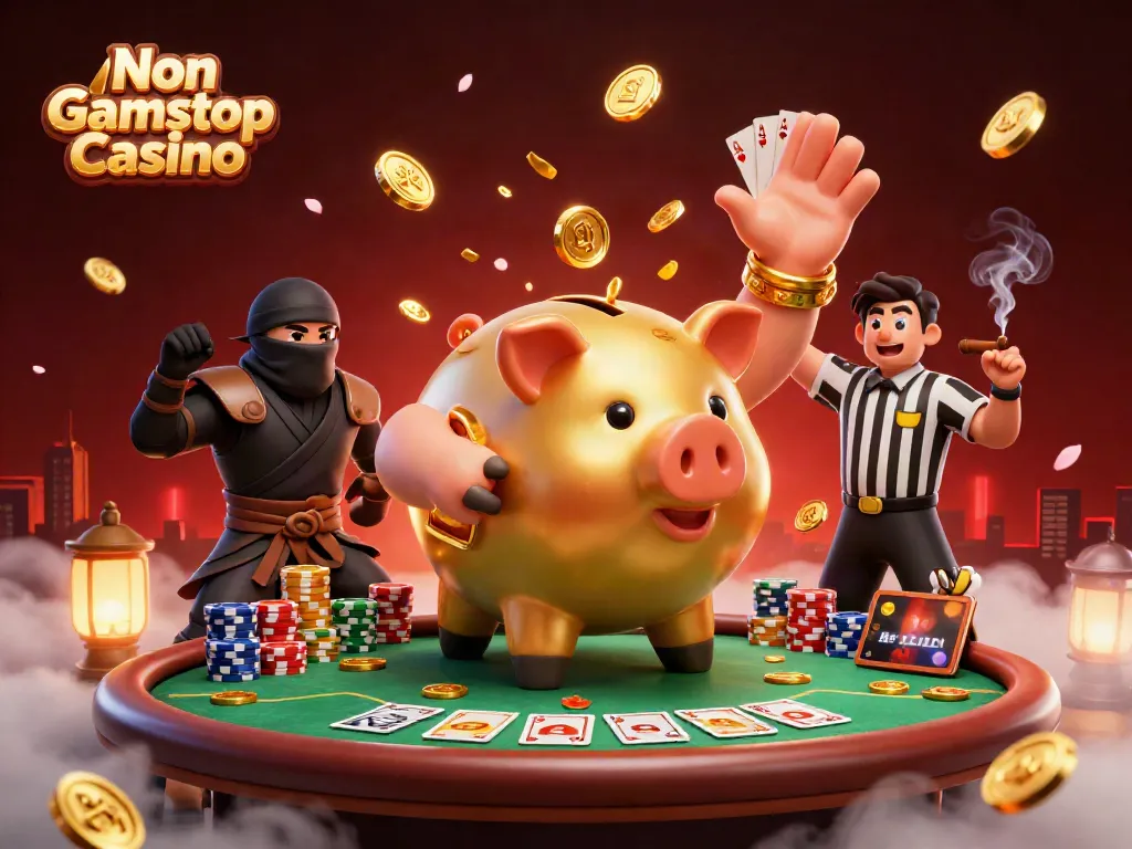 Engaging scene featuring a Non Gamstop Casino theme with a piggy bank sumo wrestler, wallet-ninja, and credit-card samurai illustrating action and excitement.