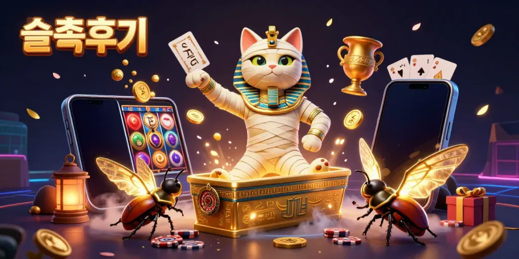 Engage in thrilling слот 후기 with a vibrant scene featuring a mummy cat and a scarab beetle in a pyramid casino.