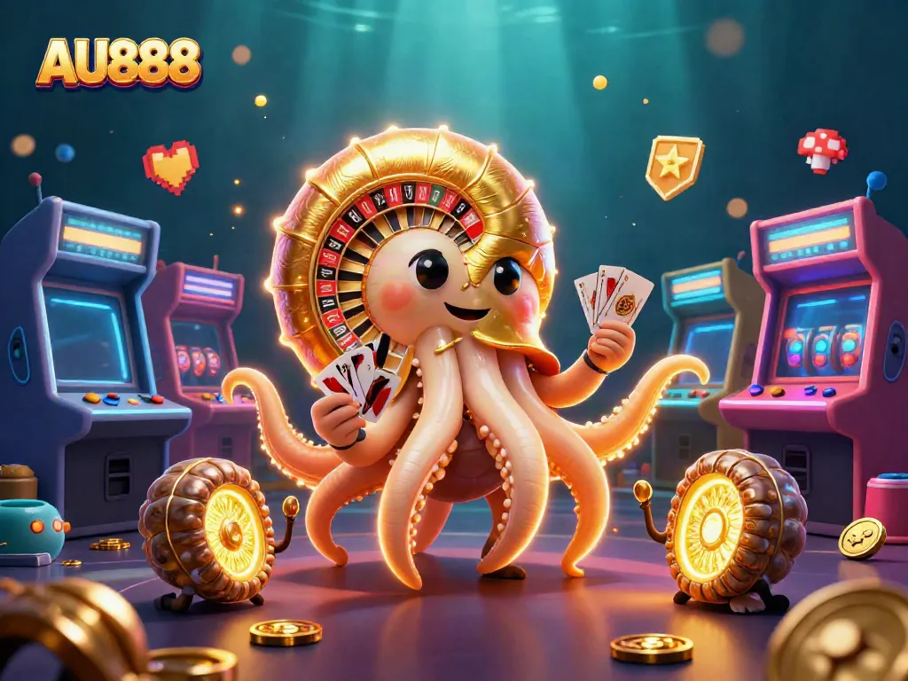 Experience thrilling gaming with AU888, featuring a giant nautilus roulette wheel surrounded by vibrant arcade games.