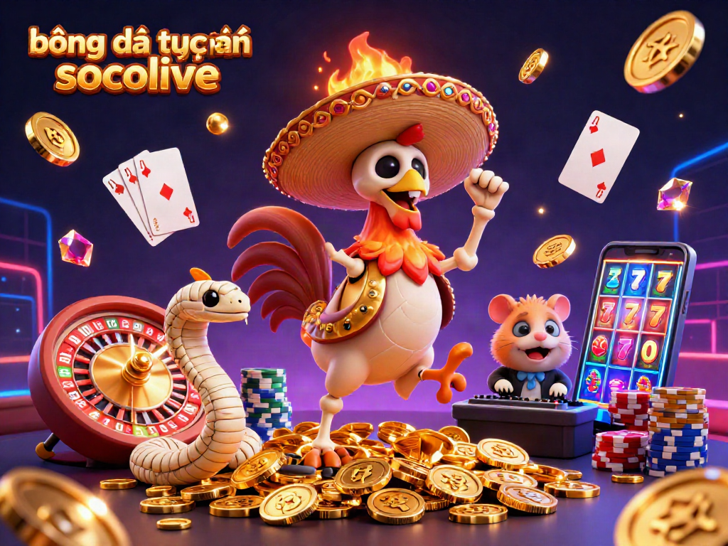 bóng đá trực tuyến socolive celebrates with cartoon characters amidst colorful casino elements.