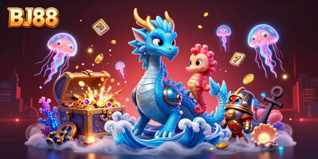 Engage with BJ88's exciting online casino adventures featuring a vibrant dragon, treasure, and gaming elements.