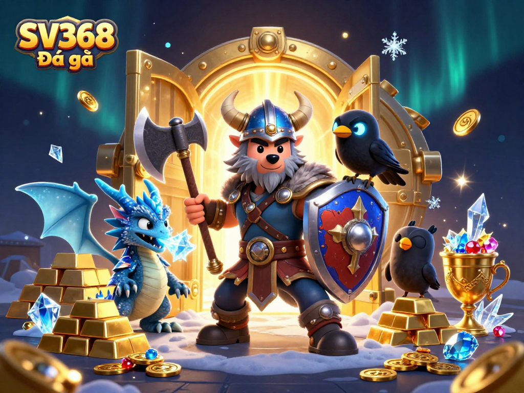 Engage in exciting SV368 Đá gà action with a fierce dragon and Viking warrior amidst treasure
