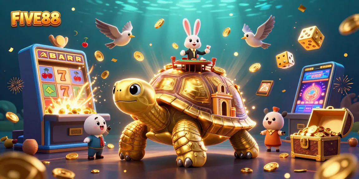 Engage with FIVE88’s vibrant casino scene featuring golden tortoise, rabbit dealer, and exciting game elements.