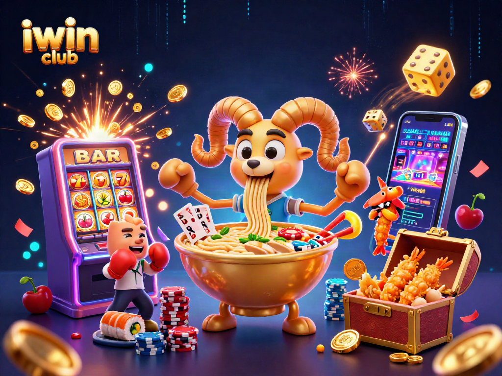 Join the fun at iwin club with giant ramen bowl characters amidst thrilling casino excitement.