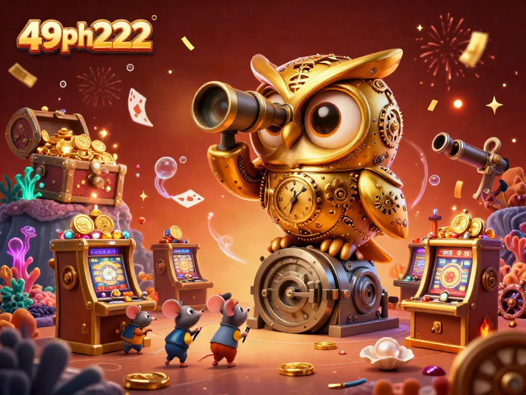 Engage with the whimsical 49ph222 casino realm, featuring a golden owl, mouse patrons, and vibrant treasures.