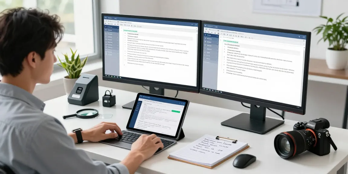 Document fraud detection analysis in a modern office featuring dual monitors, tablet analytics, and forensic tools.