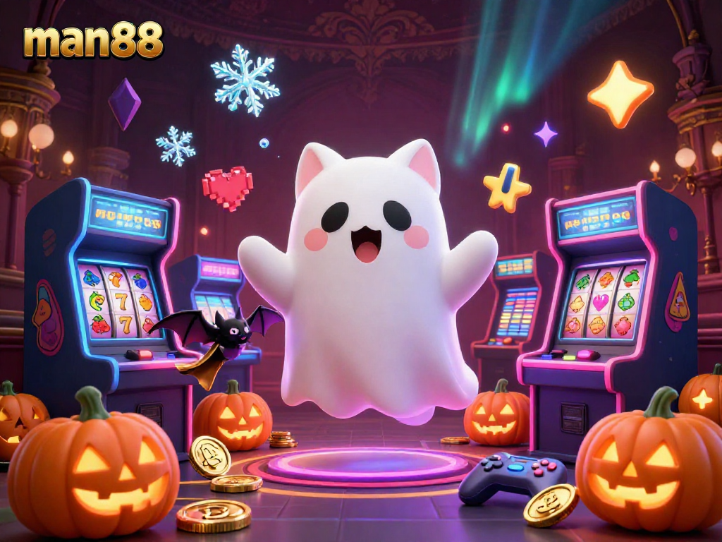 Play thrilling games at man88 with a ghost cat in a vibrant haunted casino filled with adventure.