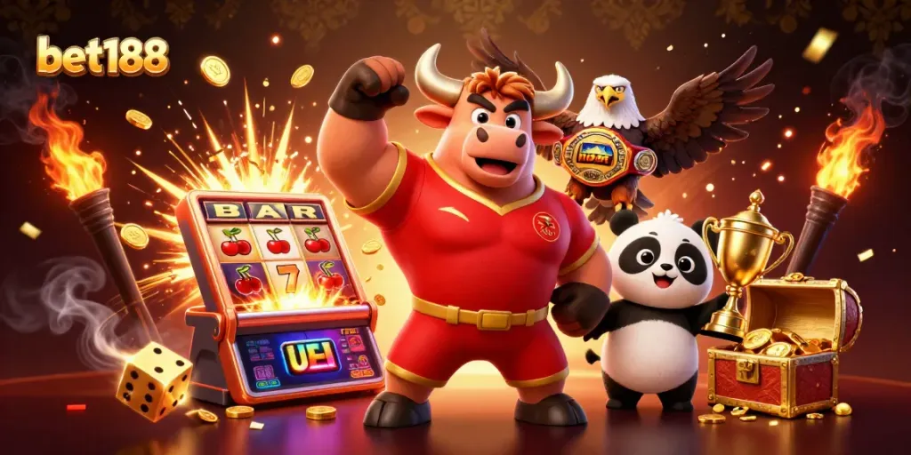 Experience thrilling wins with bet188 as the cheerful panda and muscular bull celebrate jackpots!