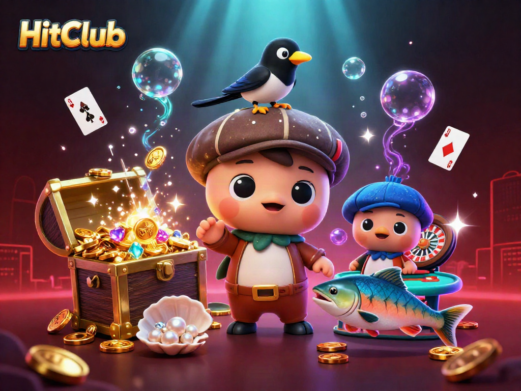 HitClub engages players in a vibrant casino scene with playful characters and dynamic gambling elements.