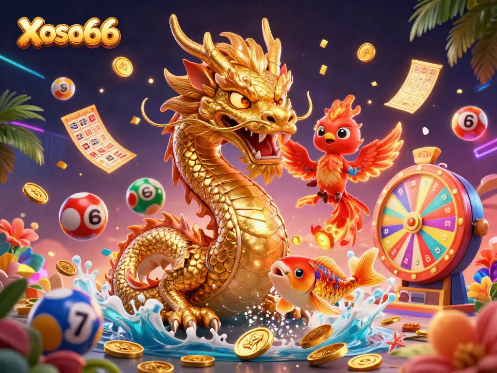 Xoso66 offers exciting lottery experiences with vibrant dragon and phoenix in a colorful casino scene.