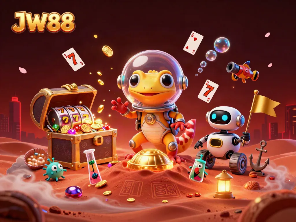 Experience thrilling wins at JW88's vibrant golden casino, featuring animated Martians and dynamic game elements.