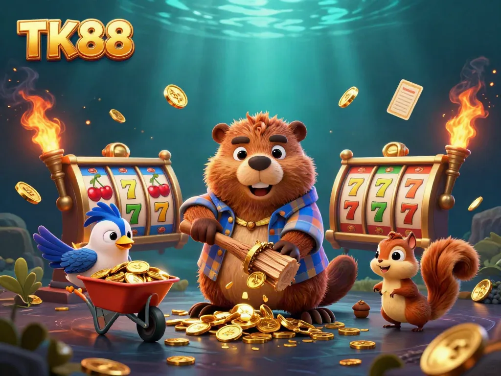 Engage with TK88's vibrant casino scene featuring cartoon characters and golden slot elements.