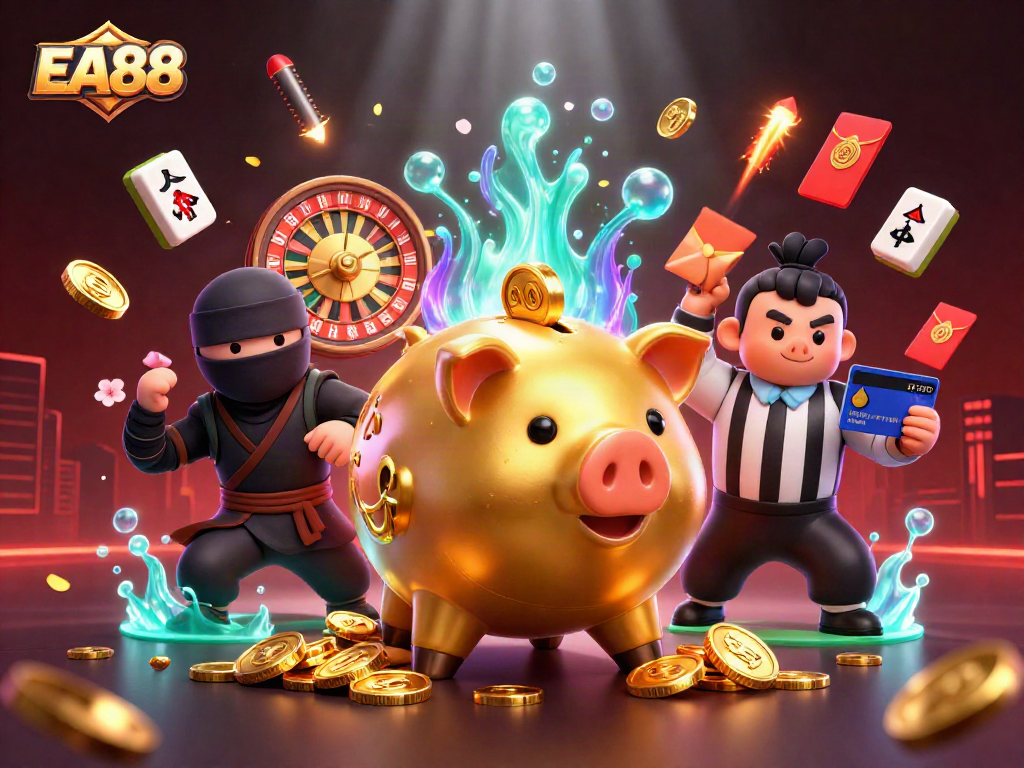 Engage with EA88 slots featuring a dynamic golden piggy bank, ninja and referee in a vibrant casino scene.
