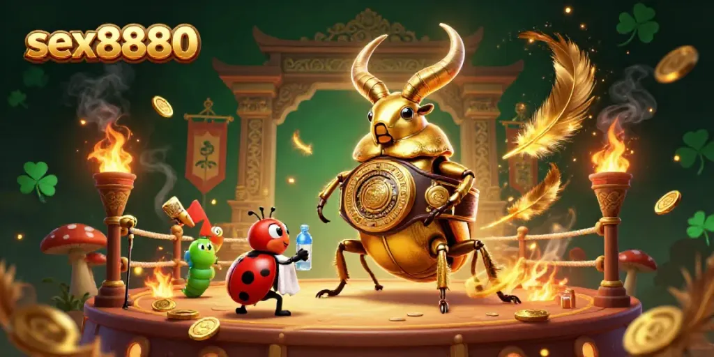 Engage with sex8880's vibrant casino scene featuring a golden beetle boxer in action, surrounded by dynamic game elements.