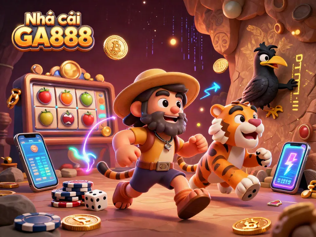 Engage with Nhà cái GA888 through a vibrant prehistoric casino scene featuring crypto elements and casino games.