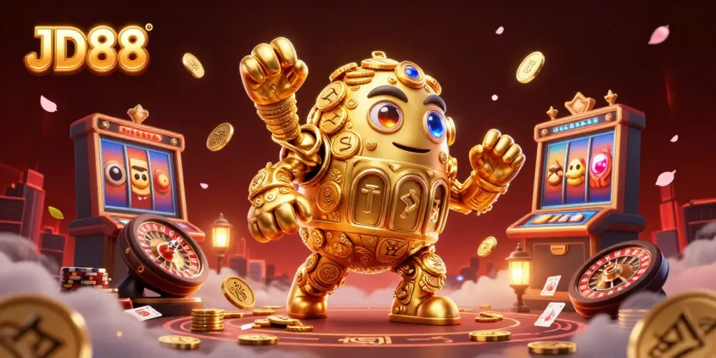 Experience thrilling gameplay with JD88 and a golden golem amidst vibrant casino elements.