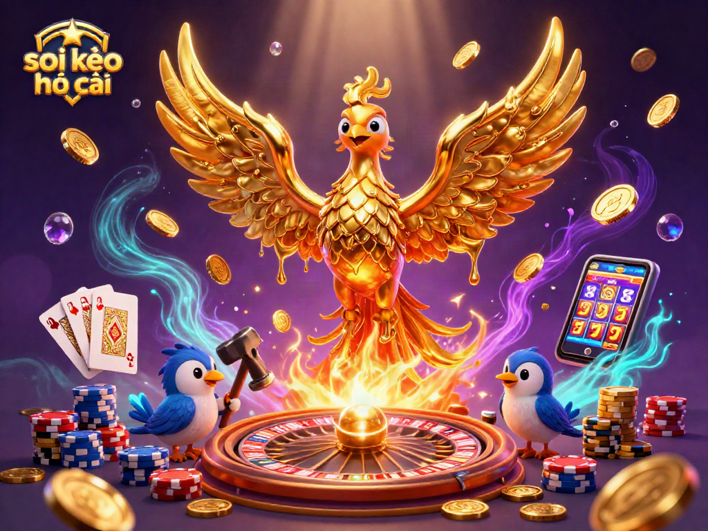 Soi kèo nhà cái showcases a molten golden phoenix amidst casino riches and dynamic game elements.