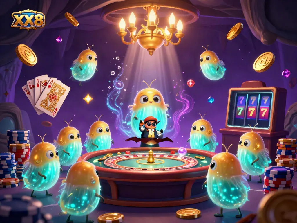 Experience the thrilling ambiance of XX8 casino with glowworms lighting up the vibrant cave scene.