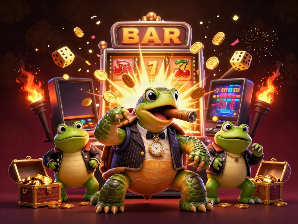 Engage with nhà cái kubet at a vibrant casino scene featuring a turtle and bullfrogs amidst jackpot elements.