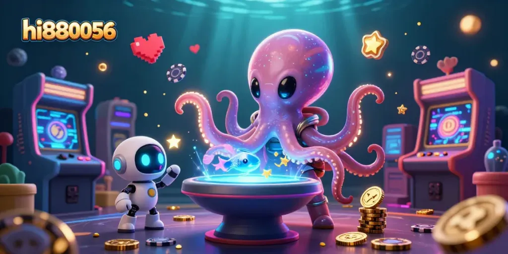 Experience the thrill of hi880056's fish shooting game with a vibrant alien octopus and colorful arcade elements.