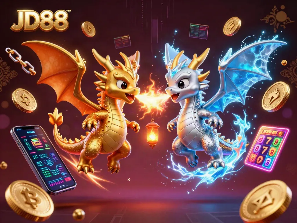 Experience the thrilling JD88 casino adventure with twin dragons battling in a dynamic gaming scene.