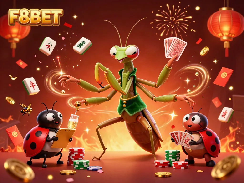 Experience F8BET's thrilling atmosphere with a giant mantis dealer handling cards surrounded by festive elements.