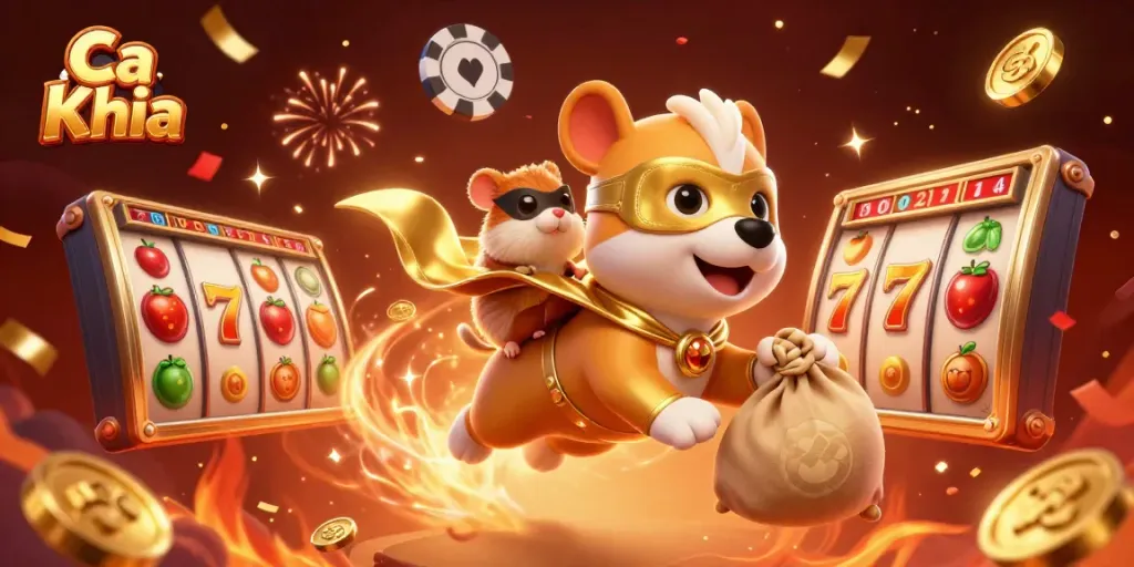 Engage with Ca Khia as a hero character flies over a lively casino scene filled with slots and gold coins.