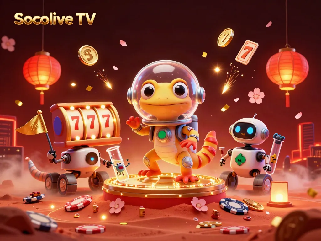 Create an engaging scene with the Socolive TV Martian gecko and casino elements, showcasing vibrant gambling action.