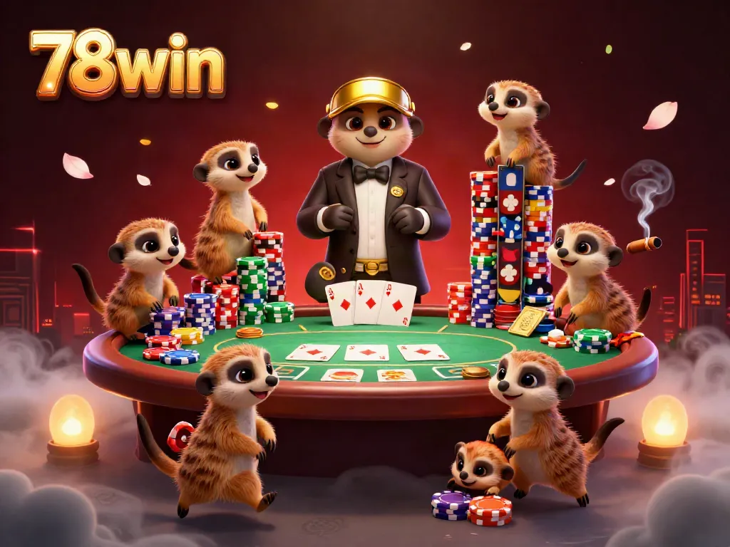 Experience thrilling gameplay with 78win's dynamic cartoon meerkats in a bustling casino scene.