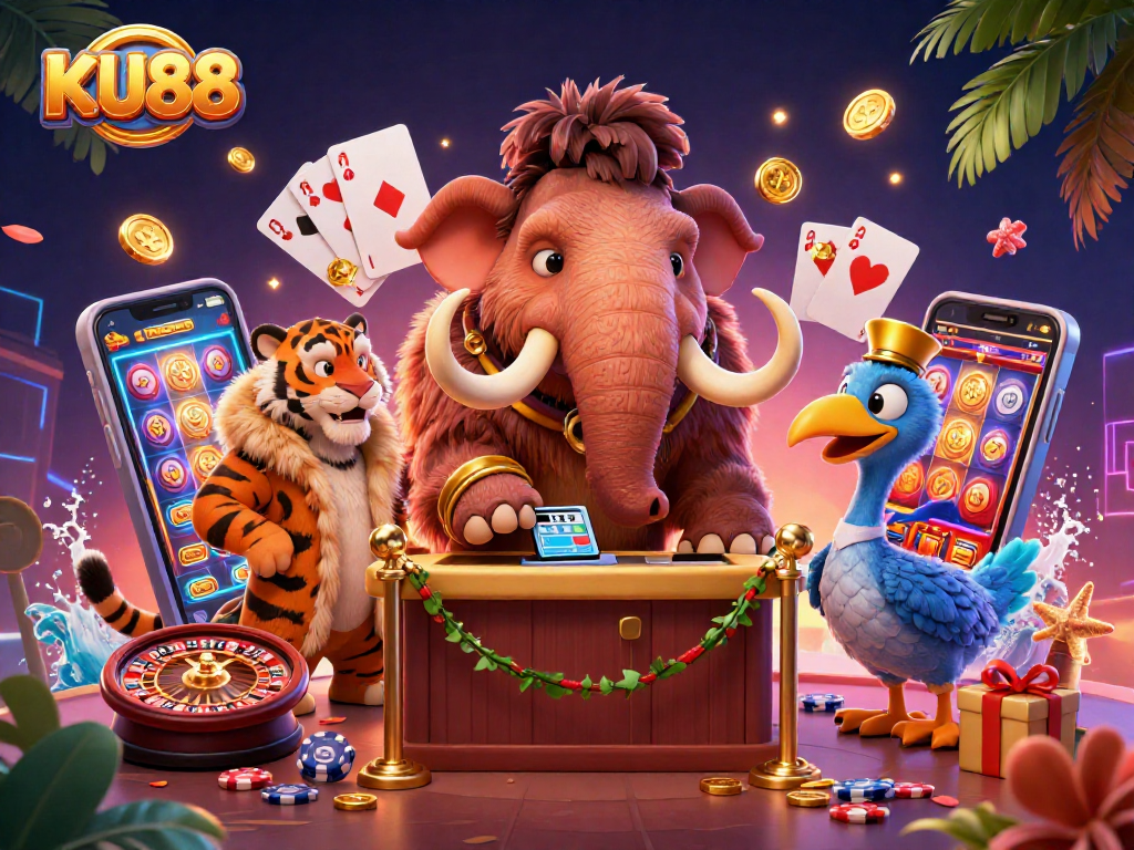 KU88's vibrant casino scene features a woolly mammoth bouncer, saber-tooth tiger guest, and exciting slot games.