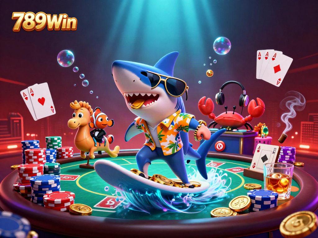 Experience exhilarating wins at 789Win with vibrant cartoon casino characters amidst golden treasures.