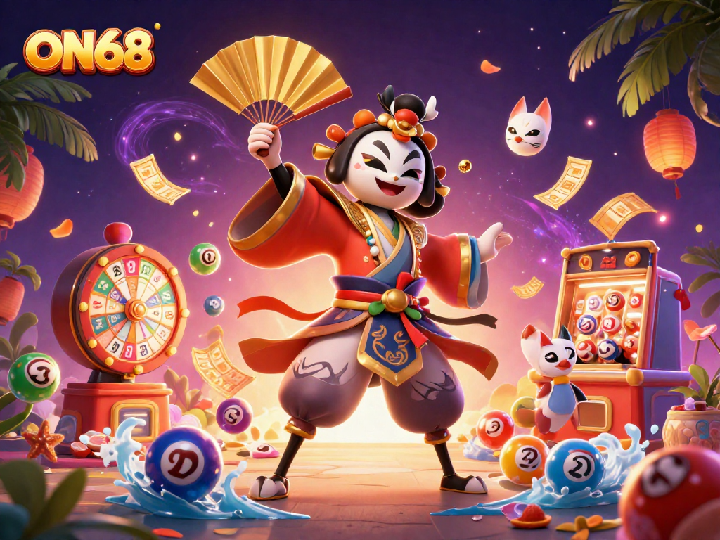 Experience the excitement of ON68 with a vibrant 3D illustration featuring kabuki warriors, lottery elements, and dynamic gaming atmosphere.