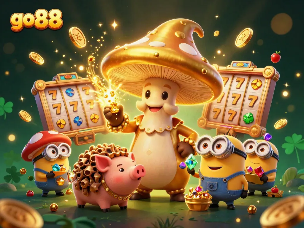 Spin to win with go 88, showcasing gold coins and vibrant slot elements in an exciting casino scene.