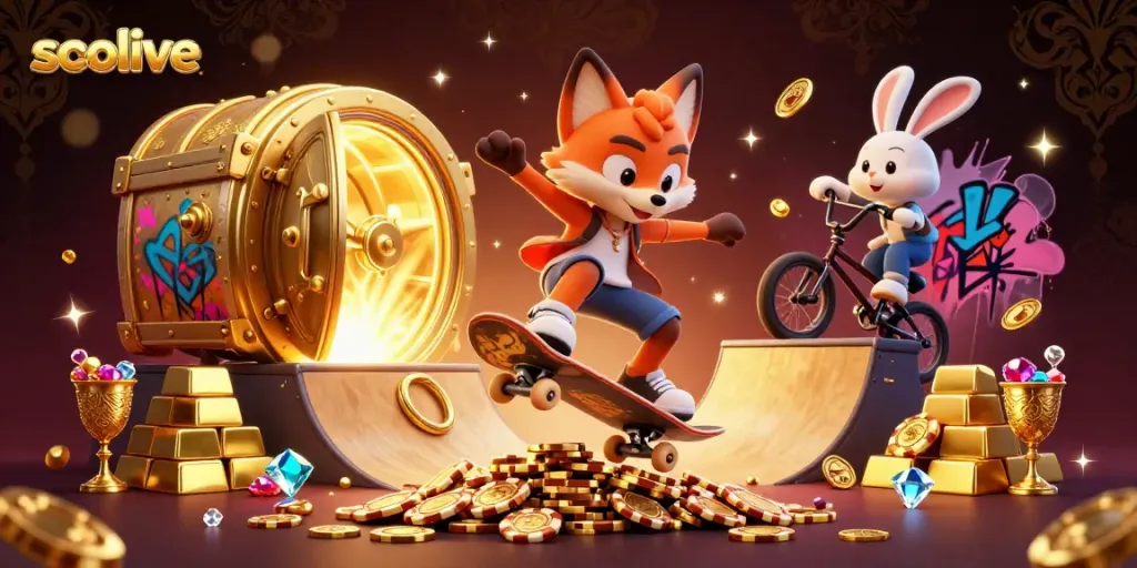 Socolive platform showcasing a vibrant illustration of a lively casino scene with animated characters and treasures.