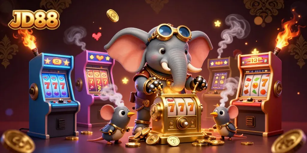 Experience thrilling gaming adventures at JD88 with vibrant slot machines and fantastical characters.