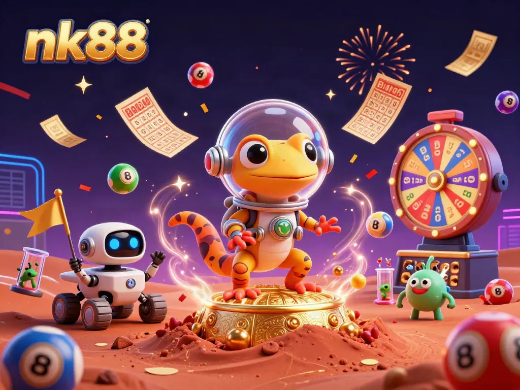 Bounce colorful lottery balls and winning prizes in the vibrant nk88 casino scene.