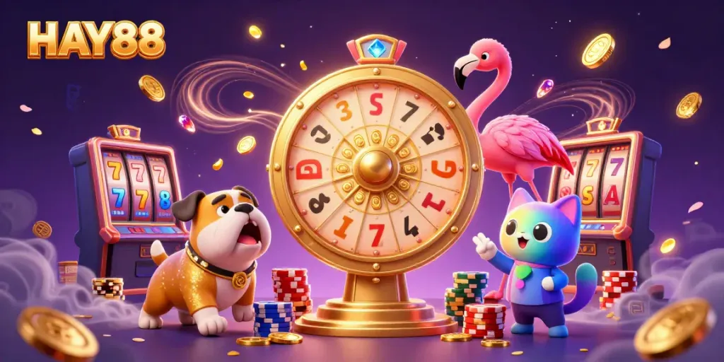 Experience the excitement of HAY88 at a vibrant casino game scene with colorful characters and dynamic elements.