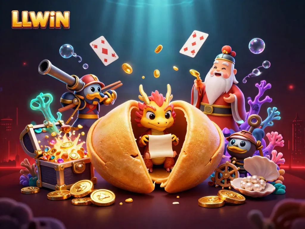Engage with LLWIN's dynamic casino scene featuring a fortune cookie and treasure elements.