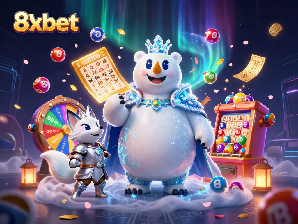 Experience the dynamic excitement of 8xbet with colorful lottery elements and a regal polar bear character.