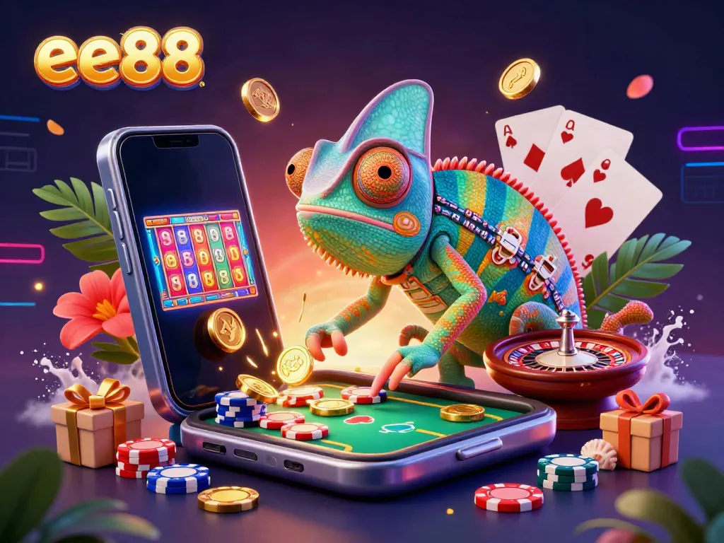 Engaging scene featuring the ee88 chameleon casino owner surrounded by vibrant casino elements.