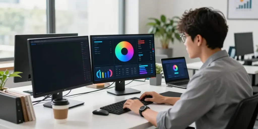 Content strategist analyzing instant indexing performance metrics in a modern office.