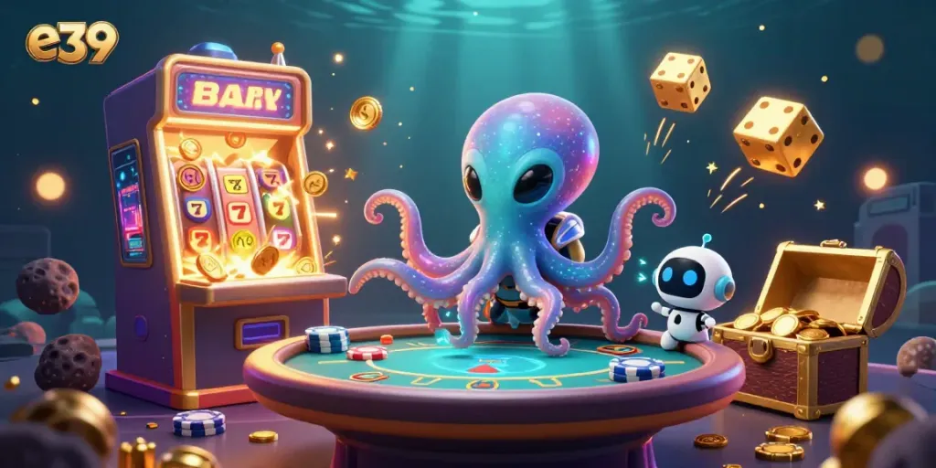 Experience thrilling gaming with e39 as an alien octopus operates a holographic poker table amidst vibrant casino elements.
