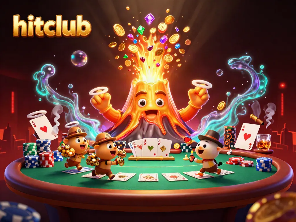 Hitclub showcases a vibrant volcano erupting coins and treasures amidst a bustling poker scene.