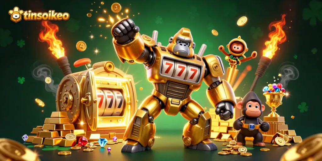 Bet on winning outcomes with tinsoikeo's thrilling slot machine gorilla illustration, showcasing exciting casino elements.