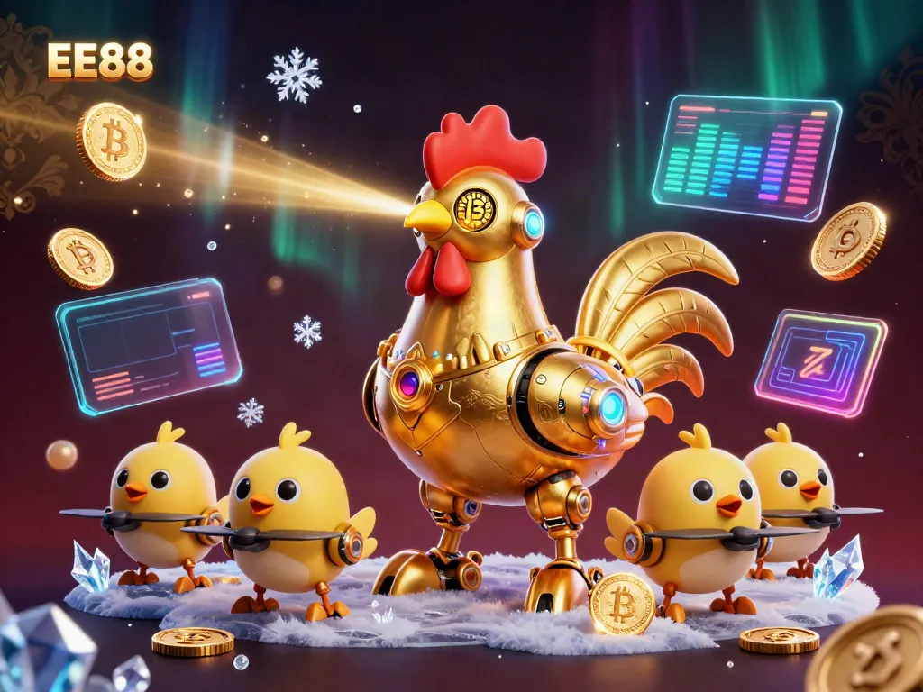 Experience EE88's vibrant casino world with a futuristic rooster robot and cryptocurrencies!